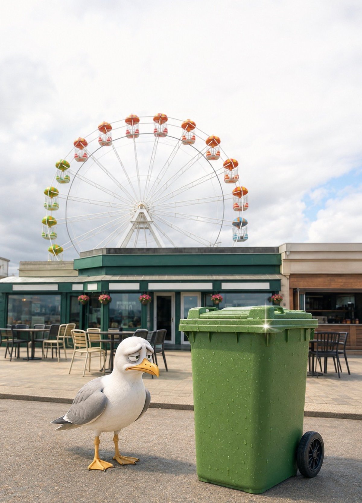 Affa Fresh — a seagull beside a freshly cleaned green bin on Aberdeen seafront