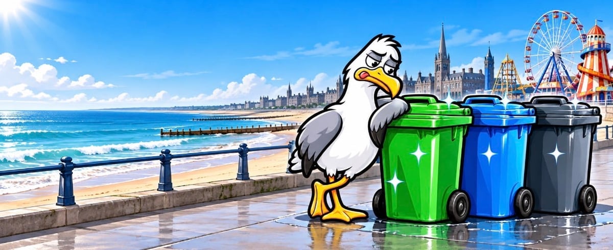 Steve the Affa Fresh seagull standing beside three coloured wheelie bins on Aberdeen's beachfront promenade