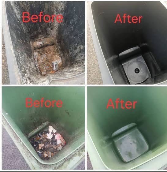 Before and after comparison of two wheelie bins cleaned and restored to like-new condition